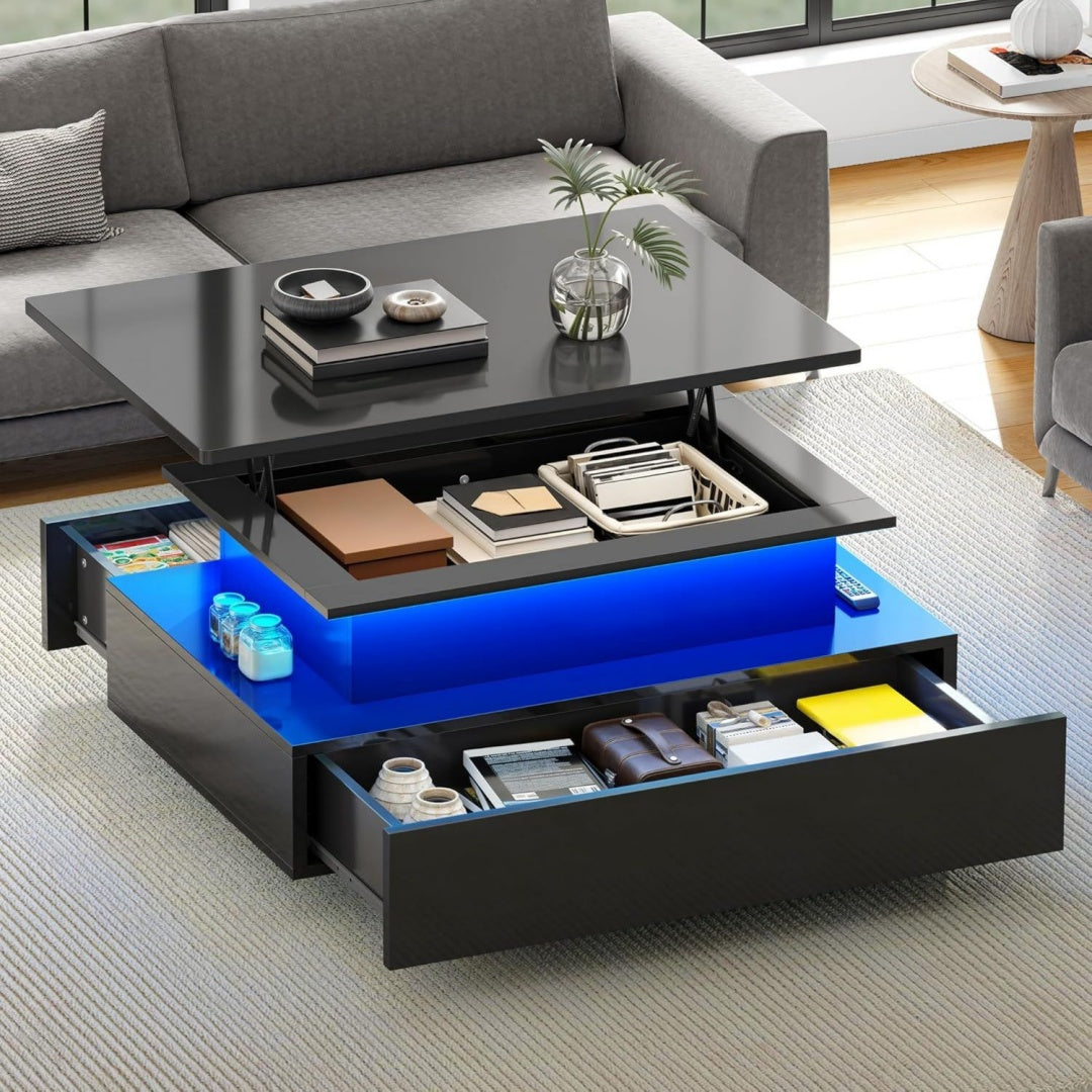 Sofa mit Hoehenverstellung, Schubladen und glaenzenden Oberflaechen
