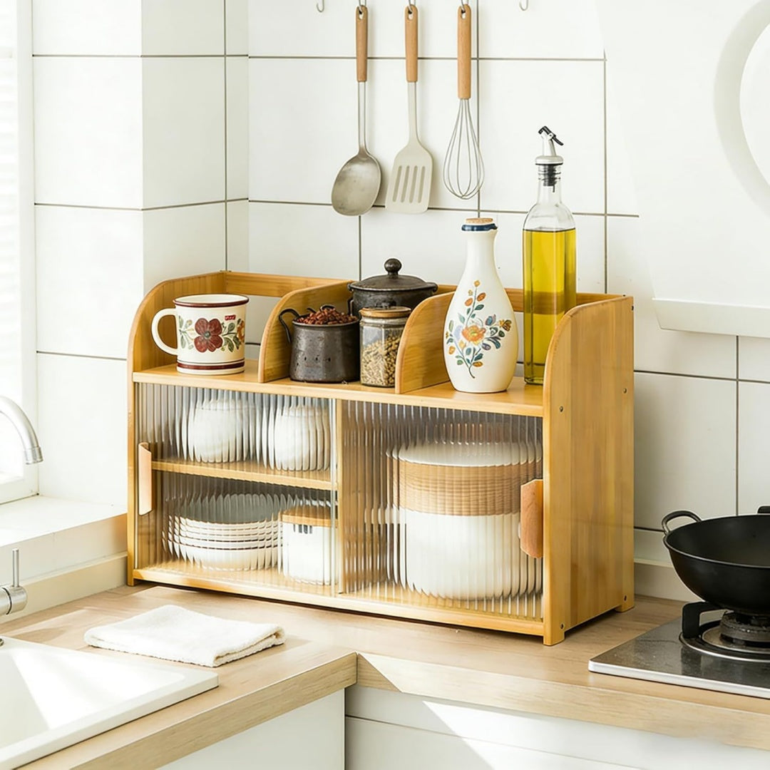 Sideboard mit geschlossenem Stauraum, Bambuselementen und Schiebetueren