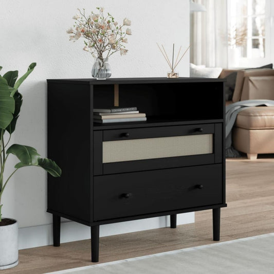 Flechtoptik an dem Sideboard aus Rattan und Kiefernholz