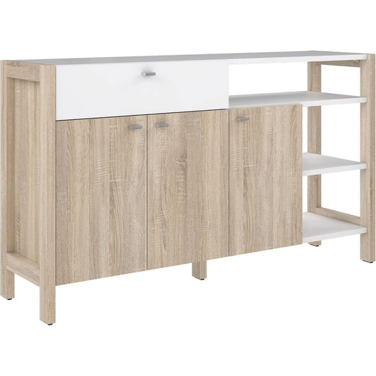 Das Sideboard misst 155.7 x 90.2 x 41.2 cm in Weiss und Eichenbraun